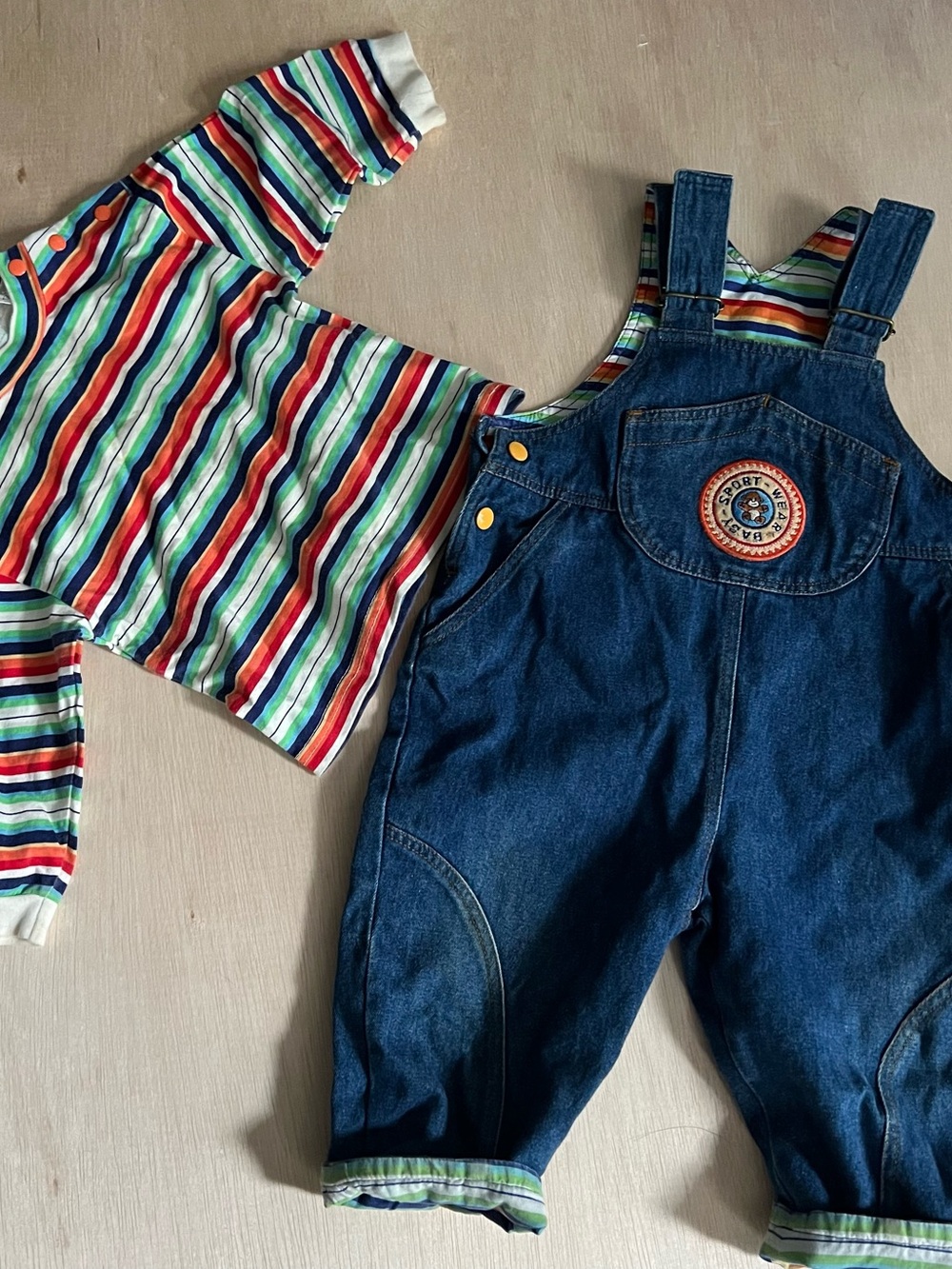 Baby 12-18 Months Multicolor Stripe Tee with Blue Denim Overalls Set